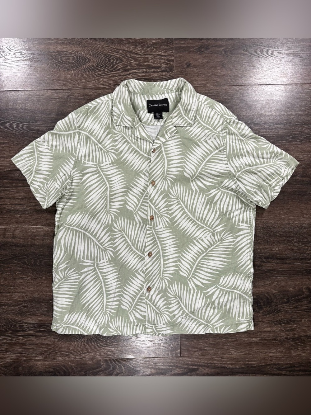 Christian Lacroix Light Sage and White Palm-Print Short Sleeve Button-Up Shirt